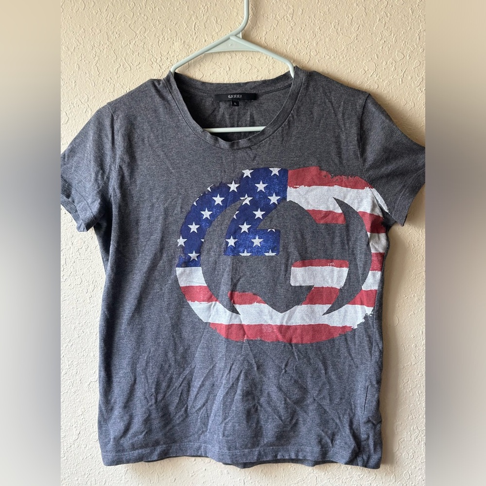 Authentic Gucci Dark Grey Cotton American Flag Patriotic Shirt